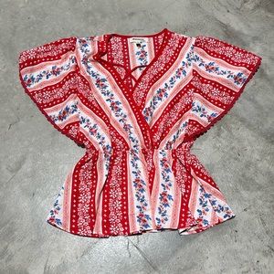 Monte’s brand red w/blue n white design‎ top / Size S / J-2